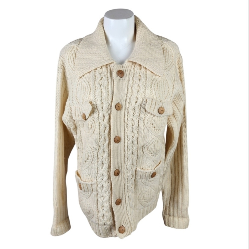 Vintage 70s Cable Knit Fisherman Grampa Cardigan Cream Size Large Scandi Poet